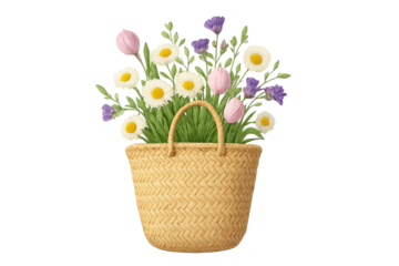 Woven basket filled with bright spring flowers, including daisies and pink tulips, creating cheerful bouquet