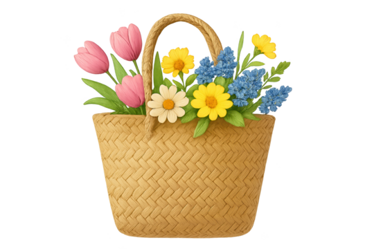 Woven straw basket filled with colorful spring flowers