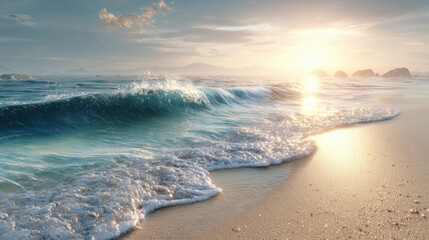 Obraz premium Tropical beach crystal clear water ocean wave sandy shore sunrise sunlight reflection seascape coastline foam horizon