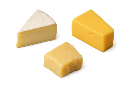Assorted cheeses: soft white rind wedge and two yellow blocks on transparent background