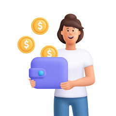 Young woman Jane holding wallet with coins flying around. Finance, savings, money management, business, saving money and digital wallet concept. 3d vector people character. Cartoon minimal style.