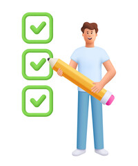 Young smiling man James doing checklist with pencil. Planning, productivity, task completion and project management concept. 3d vector people character. Cartoon minimal style.