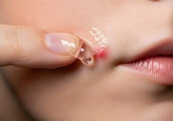 Close-up of a fingertip dabbing a thin layer of transparent, shiny metronidazole gel onto a red, bumpy rosacea patch on a cheek. Prescription treatment for skin inflammation.