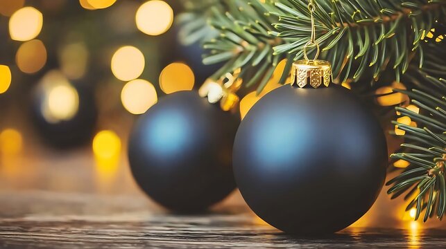 Natural wooden texture illuminated by soft festive lights and decorative holiday ornaments