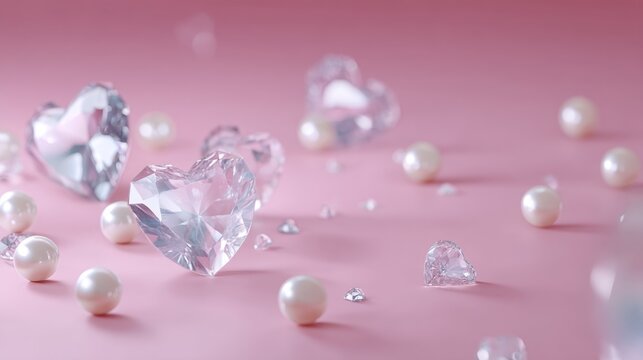 3D luxury pink heart diamonds and pearls on light purple background with copy space for valentine's day cosmetic and jewelry advertising