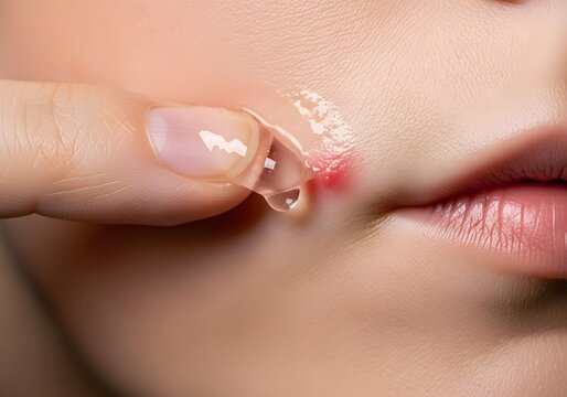 Close-up of a fingertip dabbing a thin layer of transparent, shiny metronidazole gel onto a red, bumpy rosacea patch on a cheek. Prescription treatment for skin inflammation.