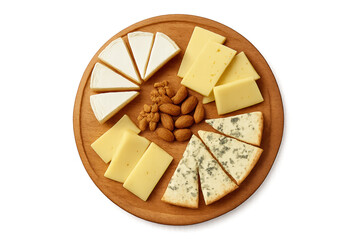 Round wooden cheese board with assorted cheeses and almonds