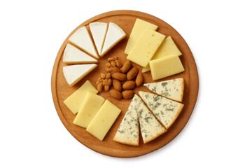 Round wooden cheese board with assorted cheeses and almonds