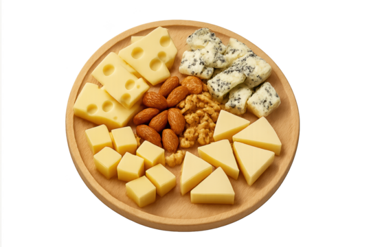 Wooden cheese platter with Swiss, blue and cheddar cheeses, plus almonds and walnuts