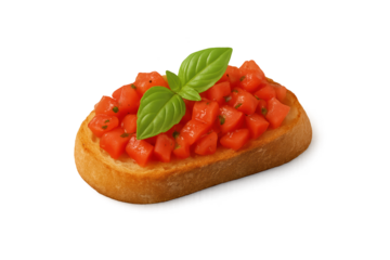 Toasted bread slice topped with diced tomatoes and fresh basil leaves