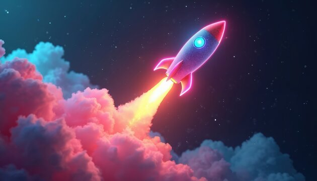 Futuristic rocket launches into starry night sky. Fiery exhaust plumes rise through neon pink and blue clouds. Represents business startup, innovation and science progress.