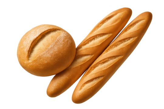 Golden bakery bread roll and two slashed baguettes on transparent background