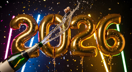 Bursting champagne and golden 2026 balloon numbers with neon lights and confetti. Great for New Years Eve promotions event flyers party invitations and celebration ads 91868455 1