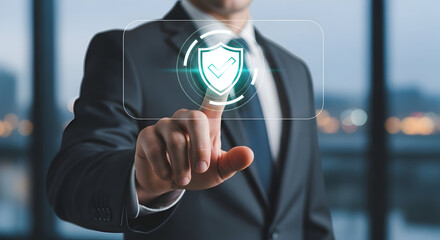 Businessman touching secure digital payment icon with check mark symbol representing online transaction approval and financial technology 50407455 1