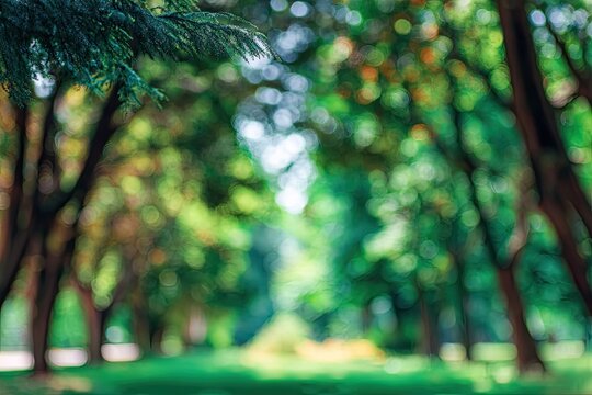 Blurred view down a tree-lined path, green foliage creates natural tunnel