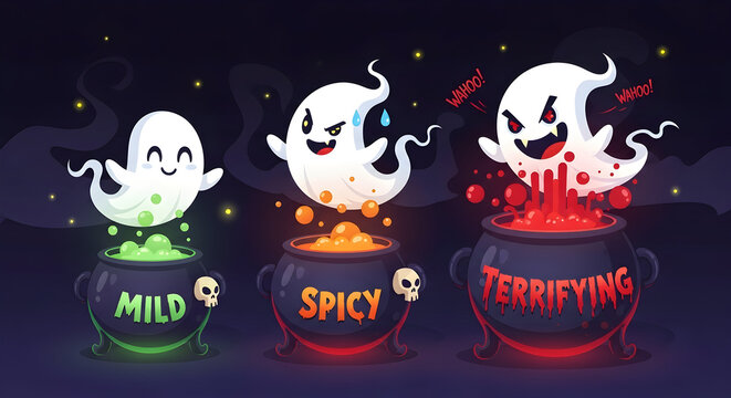 Cartoon ghosts hovering over bubbling cauldrons labeled mild spicy and terrifying. Use for Halloween cooking events chili festival promotions restaurant campaigns and marketing with copy sp 11829626 1