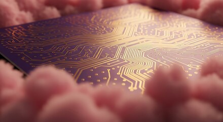 Electronic circuit board with soft clouds, a dream of modern technology