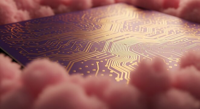 Electronic circuit board with soft clouds, a dream of modern technology