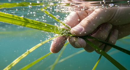 Close-up of fingers weaving green reeds underwater with bubbles. Use for craftsmanship eco education sustainability and handmade design 16821308 1