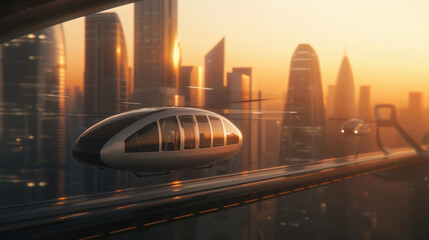 Futuristic city skyline features flying taxis on elevated tracks, showcasing advanced architecture and reflective glass structures