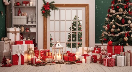 A cozy living room filled with an abundance of beautifully wrapped Christmas presents under a decorated tree next to a window with a snowy view