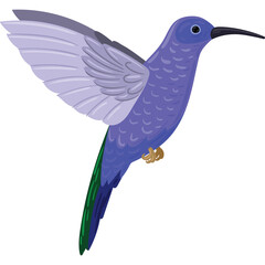 Pixel Art Purple Hummingbird in Flight with Extended Wings and Long Beak Detailed Feathers and Green Tail on Transparent Background