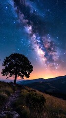 Fototapeta premium A solitary tree silhouetted against a breathtaking night sky, with a vibrant Milky Way and rolling hills below