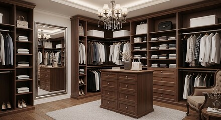 Elegant walk-in closet with classic dark wood cabinetry, a central island drawer unit, and a crystal chandelier in a luxurious dressing room