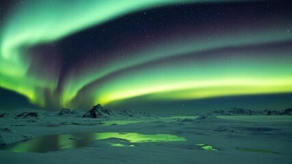 Northern lights displaying vibrant colors across night sky over frozen landscape - Powered by Adobe