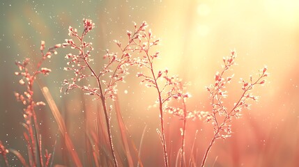 Soft winter composition showing delicate snow particles under warm glowing pastel light