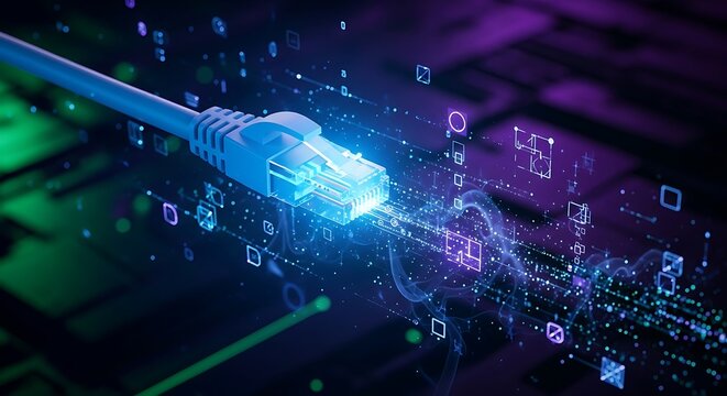 Closeup of a glowing blue ethernet cable connector plugged into a digital network with abstract data streams and binary code.