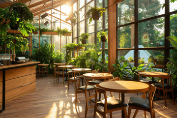 Serene greenhouse cafe filled with lush plants, sunlight streaming through large windows, creating warm and inviting atmosphere