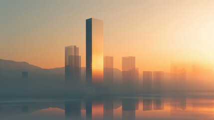 Serene skyline featuring modern skyscrapers reflecting warm hues of sunrise, surrounded by misty atmosphere and calm water