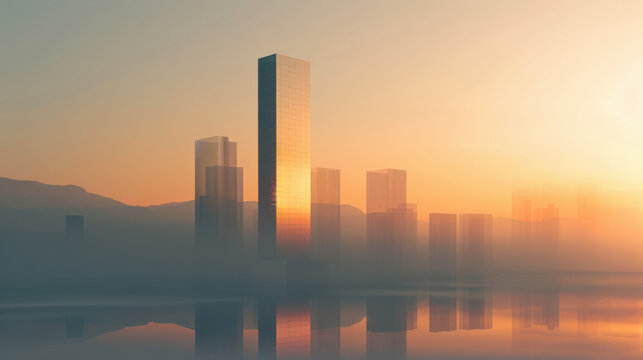 Serene skyline featuring modern skyscrapers reflecting warm hues of sunrise, surrounded by misty atmosphere and calm water