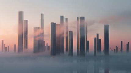 Futuristic city skyline emerges from soft fog, showcasing tall, sleek buildings reflecting pastel colors of dawn