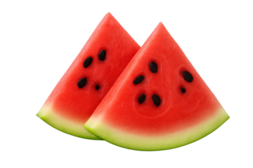 Two watermelon slices with red flesh, black seeds, and green rind