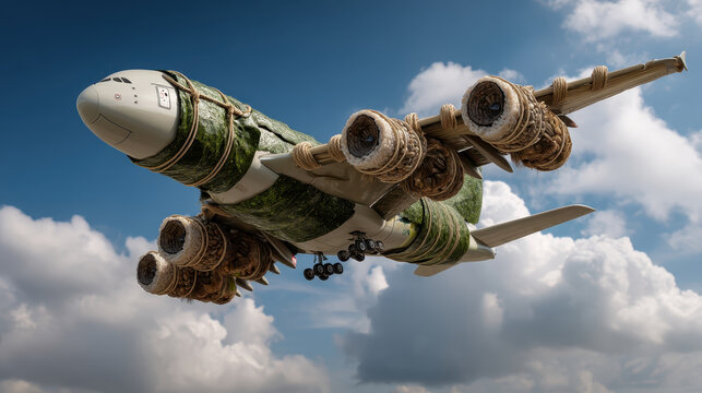 Airplane sculpted from stacked sushi rolls with seaweed wings and rope wrapped engines soars above clouds, whimsical culinary art blending aviation and food imagination
