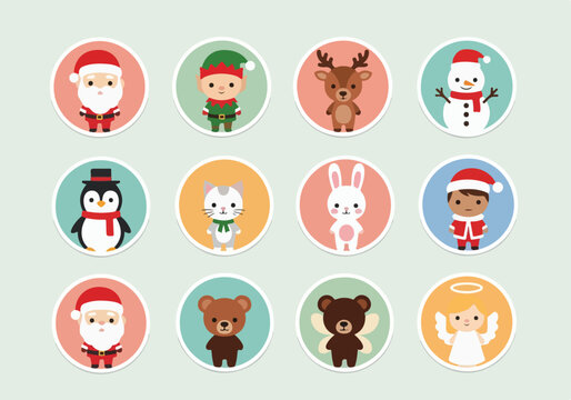Festive Christmas sticker pack featuring Santa Claus, elf, reindeer, snowman, penguin, cat, rabbit, angel, and teddy bear characters, perfect for holiday decoration and crafting