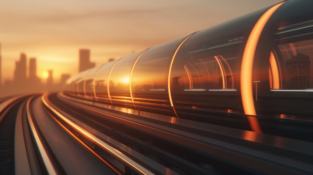 Sleek hyperloop tube station in eco city, featuring glass structure and vibrant sunset. futuristic design with smooth curves evokes excitement