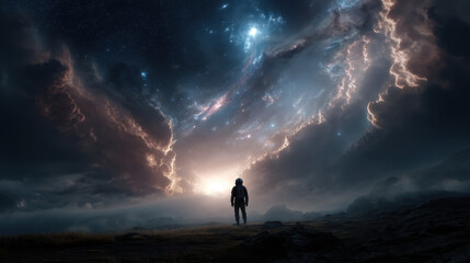 Astronaut standing under luminous galaxy sky, solitary figure gazing at cosmic clouds and distant stars with dramatic light and moody atmosphere