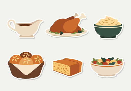 Delicious Thanksgiving Dinner Stickers Featuring Roasted Turkey, Mashed Potatoes, Gravy Boat, Bread Rolls, Cornbread, and Salad for Festive Celebrations