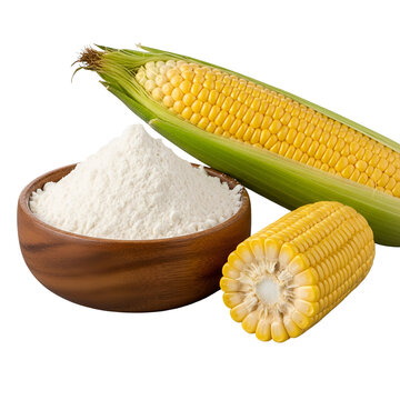 A bowl of corn flour next to a whole and a half corn cob