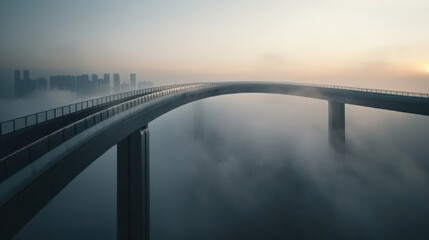 Obraz premium Aerial view of futuristic bridge emerging from soft mist, connecting city skyline with serene atmosphere