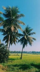 Tall palm trees frame bright green rice fields under a clear blue sky
