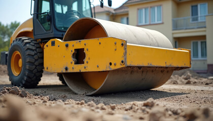 Yellow steamroller flattens soil at new residential building site. Heavy construction machine works on dirt road preparing ground for pavement. Development project progress during daytime.