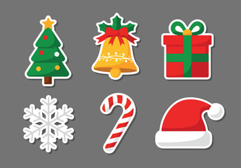 Cute Christmas cartoon sticker pack featuring a decorated tree, bell, gift box, snowflake, candy cane, and Santa hat, perfect for holiday crafting and decorations