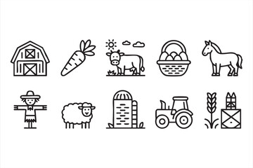 Agriculture and farm vector icons with tractor, crops, animals, and produce