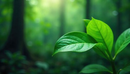 Macro view of a dew kissed emerald leaf in a misty rainforest, showcasing intricate vein patterns and tiny water droplets. Extreme macro photograph of a single, perfectly formed emerald green leaf in