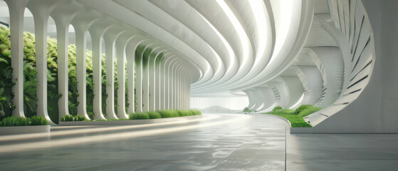 Futuristic transport station inside eco city with sleek architecture and greenery, showcasing modern design and sustainability