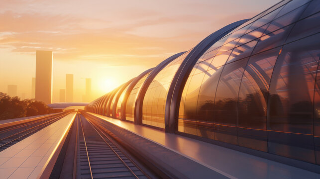 Sleek glass hyperloop tube station in eco city at sunset, showcasing modern architecture and vibrant colors